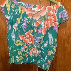 Rachel Zoe Teal Floral Ruffle Blouse with Coral & Purple Accents